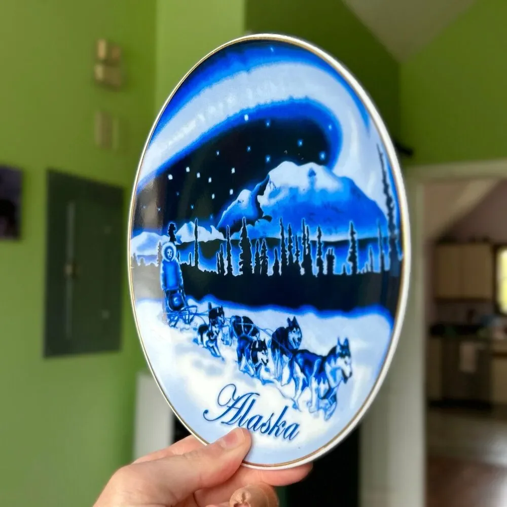 Vibrant Blue Alaska Still Life Snow Dogs Scenery Mountains Whimsy Sky Wall Plate